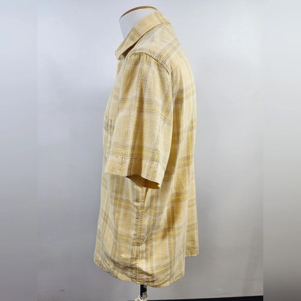 Banana Republic Button Down Shirt Yellow Plaid Short Sleeve Linen Size 16-16.5